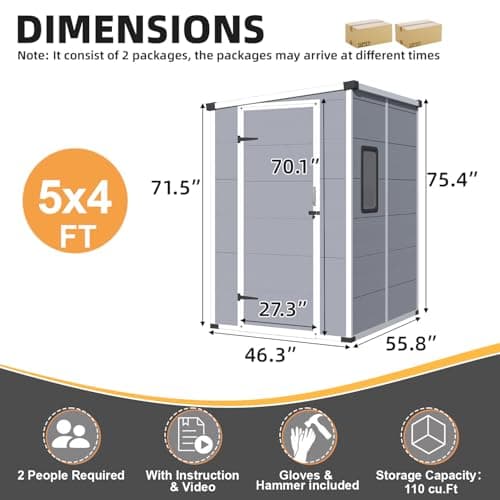 MELLCOM 5x4 FT Resin Outdoor Storage Shed with Floor, Outdoor Storage Tool Shed with Windows and Lockable Door, Resin Garden Shed for Bike, Garbage Can, Lawnmower