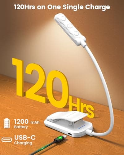 Glocusent 13 LED Rechargeable Book Light for Reading at Night, Eye-Caring 3 Amber Colors & Stepless Dimming, Lasts 1 Week to 2 Months, Travel Clip on Lamp, Gifts for Book Lovers, Men, Women & Kids — view 4