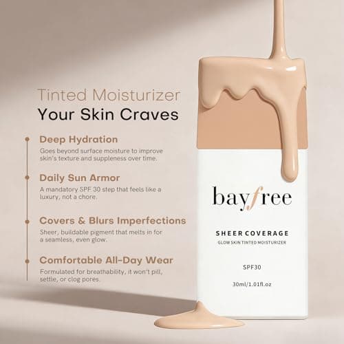 bayfree Glow Skin Tinted Moisturizer, Lightweight Sheer Coverage Skin Tint, Long Lasting Hydrating & Weightless, Makeup and Skincare Benefits, Buildable Natural Finish, Vegan