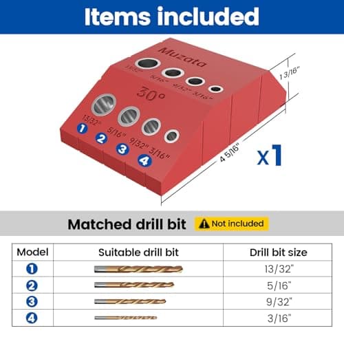 Muzata Upgraded Multi Angle Drill Guide Jig 30 45 90 Degree Portable Drilling Template 4 Sizes for Horizontal Angle Wood Post Stairs Handrails 3/16 1/8 Cable Railing Hardware Kit Tool CT24