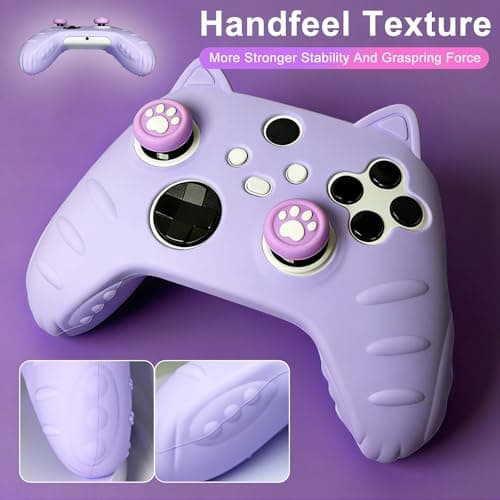 HLRAO Purple Cat Ear Xbox Series Controller Cover - Cute Silicone Skin with Cat & Paw Prints + 2 Matching Cat Paw Thumbstick Caps | Kawaii Cute Stickers Non-Slip Grip for Xbox Series X/S Controller