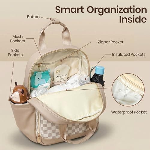 miss fong Small Diaper Bag - Baby Diaper Bag Backpack Checkered Diaper Bag with Changing Pad Baby Backpack for Travel Daycare Mommy Diaper Backpack Pañaleras Para Bebe for Mom & Dad-White&Beige — view 3