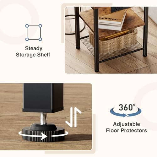 DUMOS 15.7" Small Side Table with Charging Station, End Table with Outlets & USB Ports, 3-Tier Adjustable Storage Nightstand for Living Room, Bedroom, Small Spaces, Record Player Stand, Rustic Brown — view 4