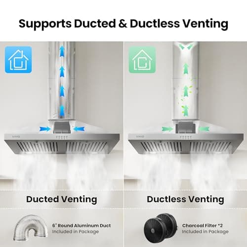 VIKIO HOME Wall Mount Range Hood 36 inch, 600 CFM Kitchen Vent Hood, Ducted or Ductless, with Charcoal Filters, Stainless Steel Baffle Filters & Dual LED Lights — view 3