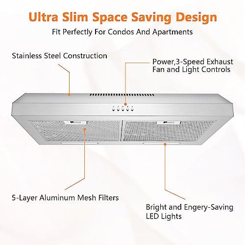 Upgraded 600 CFM Range Hood 30 inch, Under Cabinet Range Hood for Duct/Ductless Convertible, Stainless Steel Kitchen Stove Vent with 3 Speed Kitchen Exhaust Fan and Two Bright Energy-Saving LED — view 4