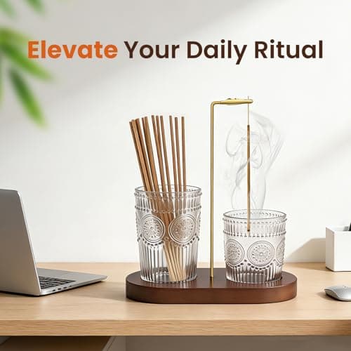 2 in 1 Incense Holder for Sticks, Vintage Glass Upside Down Incense Burner with Removable Ash Catcher & Solid Wood Base, Anti-Ash Flying Catcher for Meditation, Yoga, Spa & Home Decor- Brown — view 4