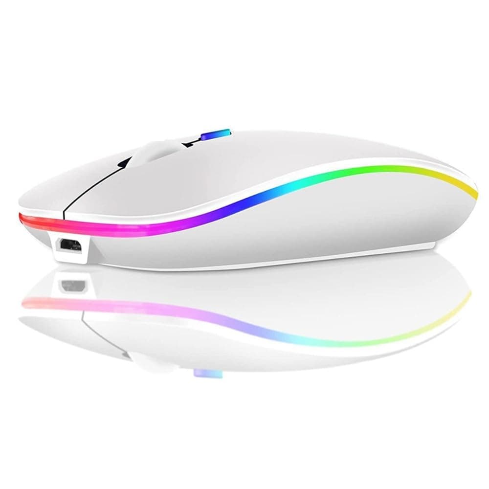 Ratón inalámbrico recargable RGB ultrafino 1600 DPI con doble modo Bluetooth 5.0 + 2.4 GHz, clic silencioso, 3 niveles de DPI (800/1200/1600), diseño ambidiestro, luz LED, tamaño compacto (Blanco).