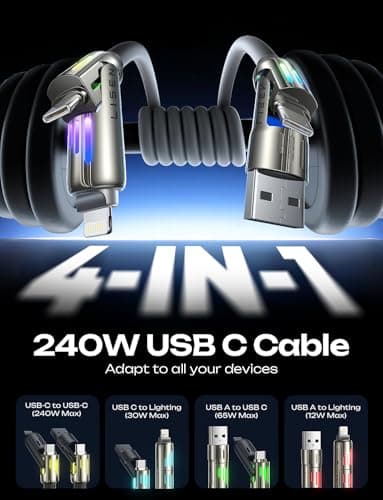 LISEN Car Carplay Cable for iPhone 17/16/15 Pro Max/Plus(3.3FT), 4 in 1 Chubby USB C with Light, USB A/C to C/L Multi Charging Cable for iPhone14 13 12/MacBook Pro/Air/iPad Pro/SamSungS25,Grey — view 2