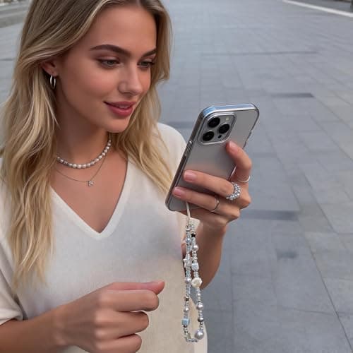 2 Pcs Phone Charm Strap Universal Hand Phone Wrist Strap Camera Lanyard Pearl Beaded Cute Chain String Accessories Universal for iPhone 17 16 Pro Max Samsung Women Girls Keychain Brown and White Star — view 5
