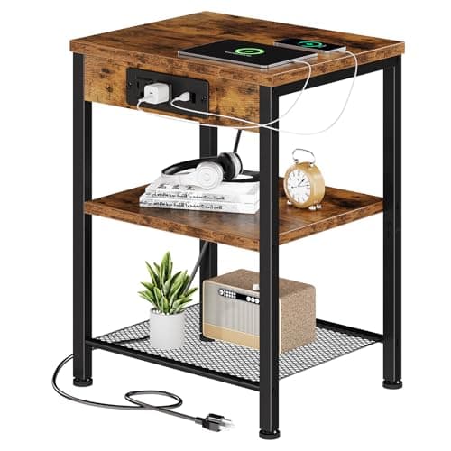 DUMOS 15.7" Small Side Table with Charging Station, End Table with Outlets & USB Ports, 3-Tier Adjustable Storage Nightstand for Living Room, Bedroom, Small Spaces, Record Player Stand, Rustic Brown — view 2
