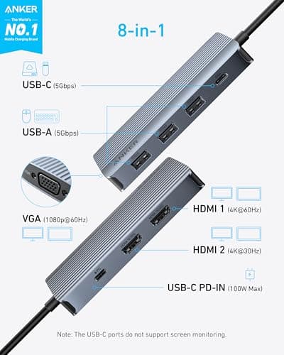 Anker 8-in-1 USB-C Hub, USB C Docking Station Triple Display Multi-Port Dongle with 2 HDMI and VGA, 5Gbps Data Transfers, USB Ports for MacBook Air/Pro, Dell XPS, iPad Pro, and More
