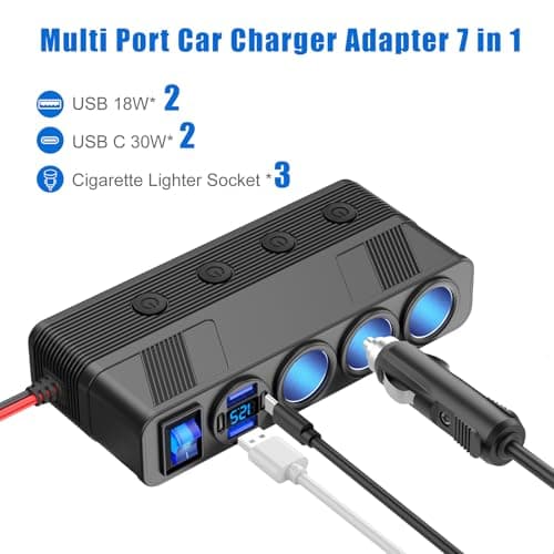 12V 24V Car Charger Socket Splitter with 10FT/3M Cable, 3 Cigarette Lighter Socket Multi 4 Port Adapter Plug with LED Display Master Switch Independent Switch,12 Volt Power Outlet with Eyelet Terminal — view 2