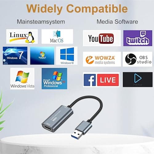 HDMI Capture Card USB 3.0, 1080P 60FPS Video Capture Card, 4K@30Hz HDMI to USB A Capture Adapter for Streaming, Gaming, Recording, OBS, PS5, Xbox, Switch, DSLR Camera, Windows Mac Linux — view 3