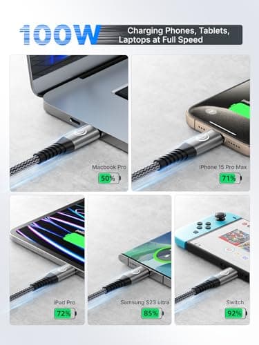 USBC to USBC 100W [10ft/2 Pack] USB C to USB C Fast Charging Cable Braided C to C Charger Cord for MacBook Pro/Air, iPhone 16 15 Pro Max Plus,iPad Pro,Samsung Galaxy S25 Ultra S24 S23,Pixel,PS5,Switch — view 2