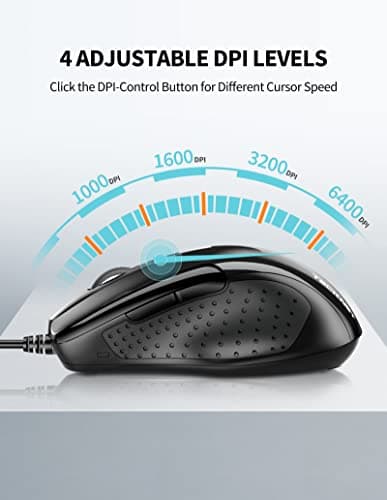 TECKNET USB Wired Mouse, 6-Button Corded Computer Mouse with 4 Adjustable DPI, Optical Computer Mice with Ergonomic Design and 5FT Cord for Laptop, Chromebook, PC, Desktop, Mac, Notebook-Black