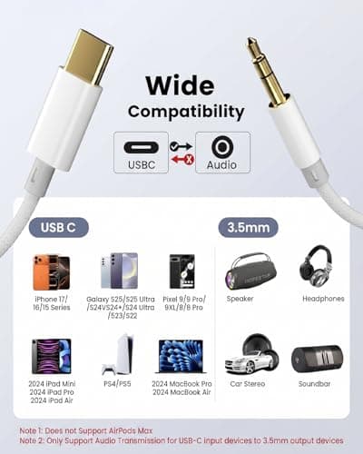 Aux to USB C, Aux Cord to USB C to 3.5mm Audio Headphone Jack Adapter [2 Pack, 4FT], Hi-Fi DAC Dongle Aux Cord Compatible with iPhone 17/16/15 Pro Max, Samsung S25/S24/S23, iPad Pro, Pixel, Car Stereo