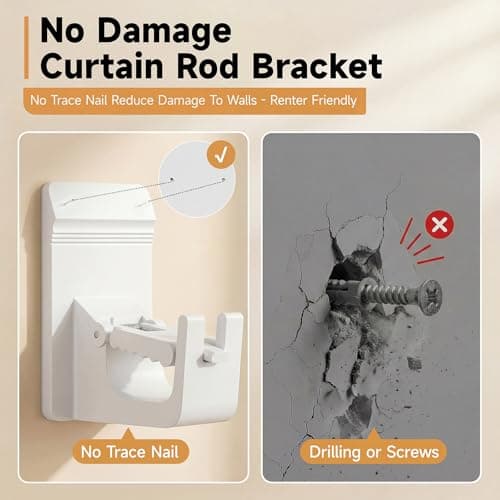 Universal Heavy Duty Curtain Rod Brackets, No Drill Curtain Rod Brackets with Adhesive & Invisible Nail, 30+LB Load Curtain Rod Holders, Damage Free Curtain Rod Hooks for Wall, Bathroom, Kitchen 2PC — view 3