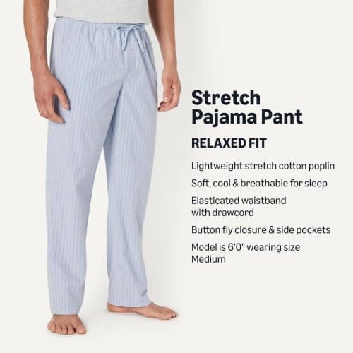 Amazon Essentials Men's Cotton Poplin Straight-Fit Pajama Pants with Pockets, Elastic Waist, Drawstring, Cornflower Blue Thin Stripe, Large
