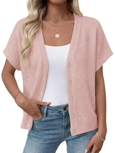 BETTE BOUTIK Womens Half Short Sleeve Cardigans Summer Lightweight Knit V Neck Button Down Casual Sweater Tops for Beach Vacation Pink Large