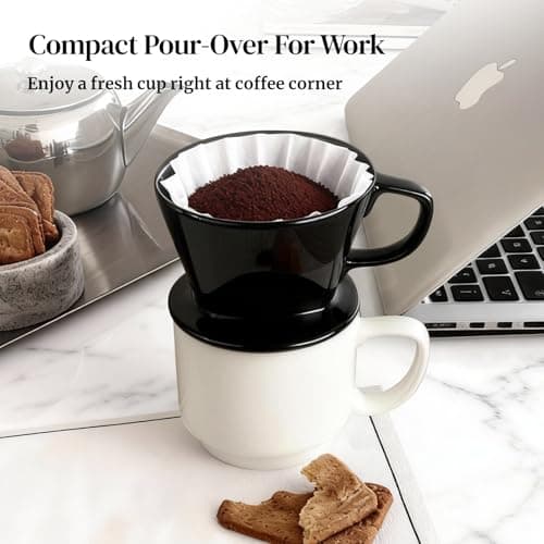 DOWAN Pour Over Coffee Maker, Non-Electric Pour Over Coffee Dripper, Manual Brew Maker, Single Cups Porcelain Slow Brewing Accessories for Gifts, Black — view 4
