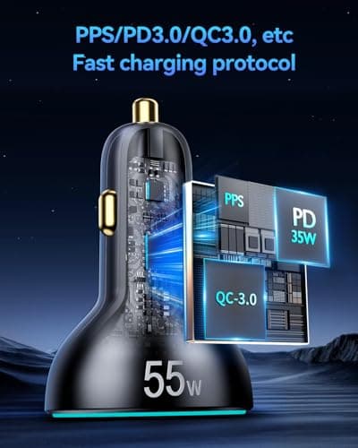 Rocoren 4-Port 55W Car Charger, PD3.0 QC3.0 Super Fast Charging USB C Car Charger for Multiple Devices, Cigarette Lighter Adapter for iPhone 17/16/15/14 Series, iPad Pro, Samsung S25/S24 Ultra, Pixel — view 5