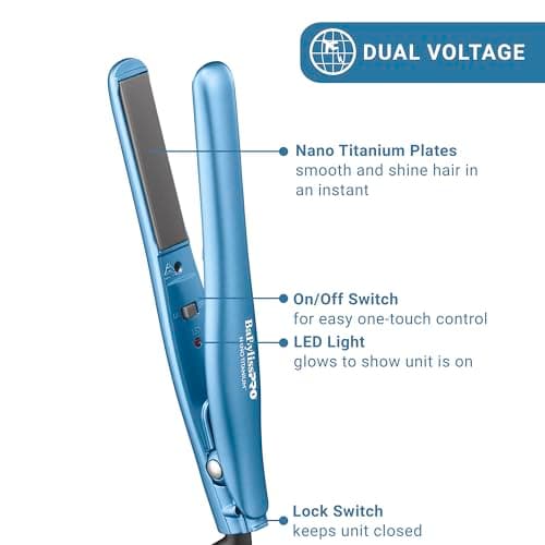 BabylissPRO Nano Titanium 3/4" Mini Flat Iron, Perfect for Travel, Touch-Ups & Quick Styling, Compact Hair Straightener With Sol-Gel Nano Titanium & Ceramic-Coated Plates, Heats Up To 430ºF, Dual Voltage