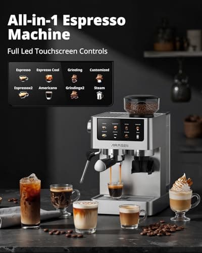 AIRMSEN Espresso Machines with Burr Grinder, 20 Bar, Milk Frother Steam Wand, Stainless Steel Coffee Maker for Home - Cappuccino Latte & ​​Cold Brew​​ Iced Coffee Maker & Americano (Espresso Machine)