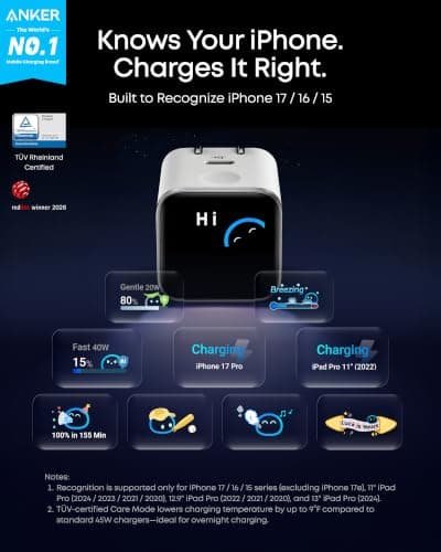 Anker Nano USB C Charger,45W USB C Charger Block with Smart Display,180°Foldable Plug,Smart Recognition,Built-in Care Mode,for iPhone17/16/15 (Non-Battery,One USB-C Port,No Cable Included)