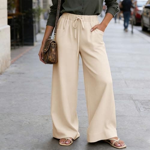 Women Linen Pant Casual Drawstring Wide Leg Palazzo Pants High Waisted Summer Beach Vacation Slacks with Pockets Beige