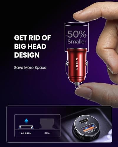 LISEN 2-Pack USB C Car Charger Adapter Fast Charge, 48W All Metal Cigarette Lighter USB Charger for iPhone 15 Smallest Flush Car Charger USB C for iPhone 14 Pro Max 13 12 Galaxy S23/22 iPad Pro-Red — view 5