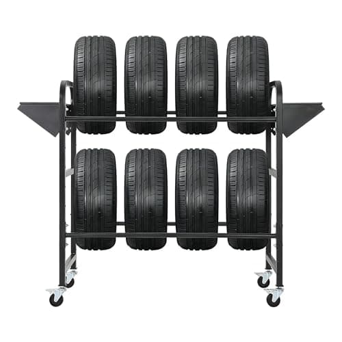 IDEALHOUSE Adjustable Tire Storage Rack, 45" x 18" x 41" Rolling Tire Organizer with Locking Casters for Garage, Shop & Workshop, Black