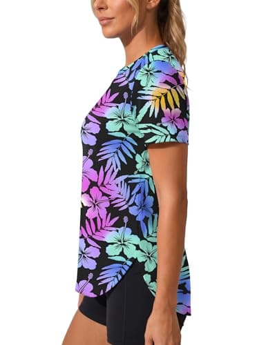 LOMON Loose Workout Tops for Womens Short Sleeve Athletic Shirts Quick Dry Moisture Wicking UV Sun Protection Hiking Gym Tees Floral Print 1, Medium