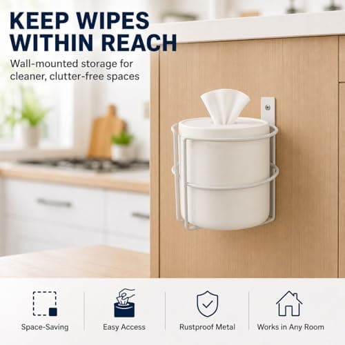 Wall Mount Cleaning Wipes Holder for Clorox & Lysol Wipe Canisters, Metal Wipes Canister Wall Bracket Fits up to 5.2" Diameter, Adhesive or Screw Mount Organizer for Kitchen Bathroom Gym Office — view 5