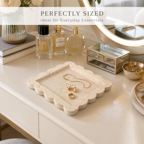 Decorative Scalloped Tray - Beautiful Travertine Stone Inspired 8"x8" Vanity Tray for Jewelry, Perfume and Trinkets - The Perfect Resin Decor Accent for Any Bathroom, Nightstand & Marble Coffee Table — view 2
