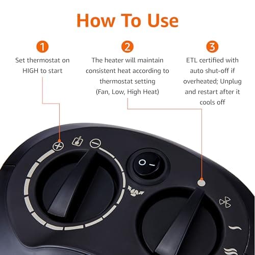 Amazon Basics Oscillating Ceramic Space Heater, Portable Fast Heating Indoor Solution, With Overheat and Tip-Over Protection, Thermostat, 1500W, 7.52"D x 6.34"W x 9.45"H, Black — view 3