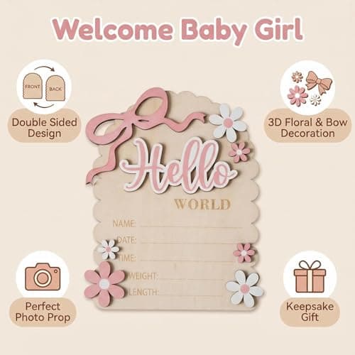 Hello World Baby Sign, Double-Sided Wooden Baby Announcement Sign, Pink Bow Newborn Birth Plaque for Photo Props Nursery Keepsake Shower Gift