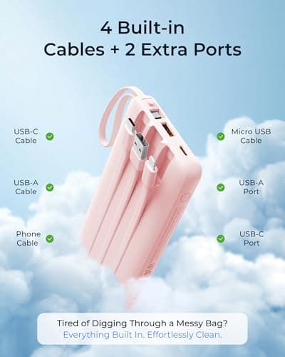 VRURC Portable Charger Slim 20000mAh Power Bank,22.5W PD Fast Charging Travel Essentials Powerbank 4-Built-in-Cables&2 Extra Ports Compatible with iPhone,iPad,Galaxy,Android (Pink) — view 3