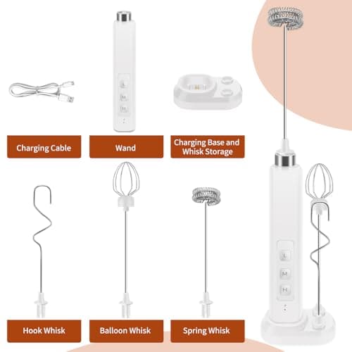 Rechargeable Milk Frother Handheld with 3 Detachable Stainless Whisks, 3 Speed Adjustable Drink Mixer, Mini Frother Wand for Coffee, Matcha, Protein Shakes, with Charging Base and Whisk Storage — view 4