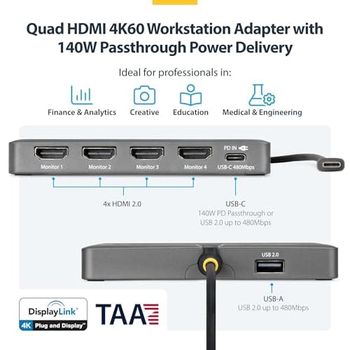 StarTech USB-C to Quad HDMI 4K60 Workstation Dock, 140W PD, DisplayLink