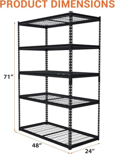 5-Tier Garage Shelving Unit, 2500 Lbs Capacity Adjustable Metal Storage Shelves, Heavy Duty Shelving Unit for Garage, Industrial Utility Shelf Storage Rack, 48x24x72 Inch