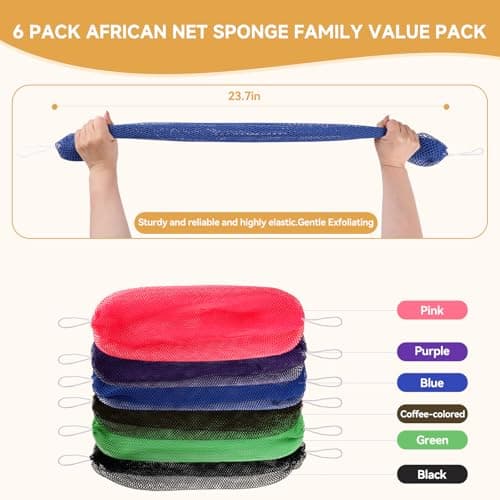 GLOBECARRY African Net Sponge 6Pk Long Multi Color Exfoliating Body Scrub