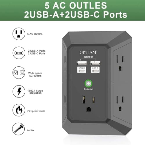 USB Wall Charger, Surge Protector, QINLIANF 5 Outlet Extender with 4 USB Charging Ports(2U2C) 3-Sided 1680J Power Strip Multi Plug Outlets Wall Adapter Spaced for Home Travel Office,Black