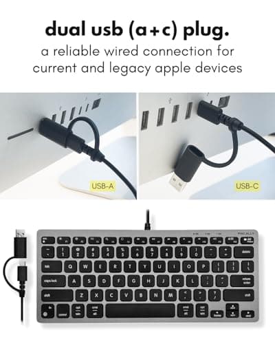 Macally Small Wired Keyboard for Mac and PC (Dual USB C + A) - Save Space, 78-Key Layout with 13 Shortcuts, Type C - Compact USB C Keyboard for MacBook, iMac, iPad, iPhone - Space Gray — view 2