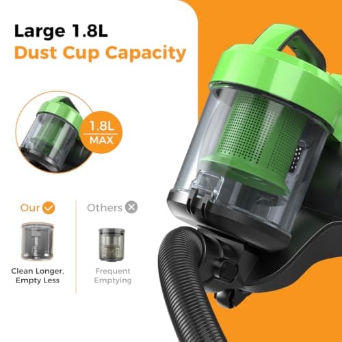 NEWBULIG Canister Vacuum Cleaners for Home, Strong Suction Bagless Vacuum Cleaner, 1000W 16Kpa for Hard Floor and Carpet, Retractable Cord,1.8L Large Dust Cup, Green — view 3