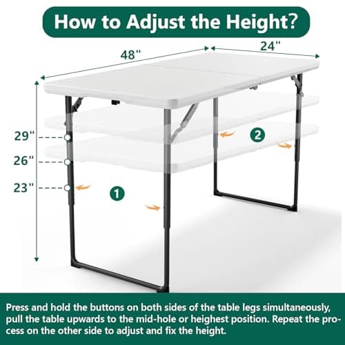 Folding Table 1 Pack, 4FT Folding Table with Adjustable Height, Heavy Duty Plastic Foldable Table Portable, Steel Legs Supports to 300lbs, Suitable for Party, Camping, Events Indoor&Outdoor Use, White — view 2