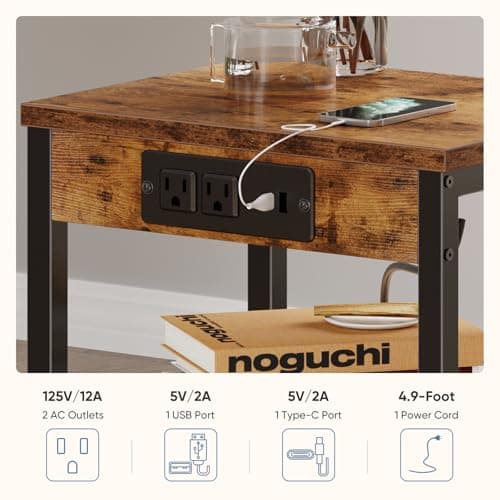 DUMOS 15.7" Small Side Table with Charging Station, End Table with Outlets & USB Ports, 3-Tier Adjustable Storage Nightstand for Living Room, Bedroom, Small Spaces, Record Player Stand, Rustic Brown — view 3
