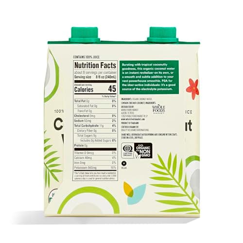 365 by Whole Foods Market, Organic Coconut Water, 100% Pulp-Free Juice, 16.9 Fl Oz per Carton, Pack of 4