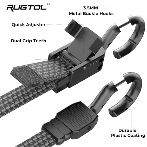 Rugtol Bungee Cords with Hooks, 48 Inch Adjustable Flat Bungee Straps with Quick Release Buckle, Rubber Black Heavy Duty Elastic Cords with Metal Hooks for Bike Rack, Outdoor, Camping, Tarp, 6 Pack — view 4