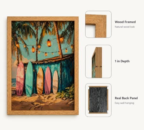 Framed Vintage Surfboard Canvas Wall Art,Coastal Painting Picture Wall Decor,Tropical Palm Tree Lantern Summer Poster Print Artwork,for Living Room Bedroom Bathroom Girls Room Home Decoration 8x10in — view 3