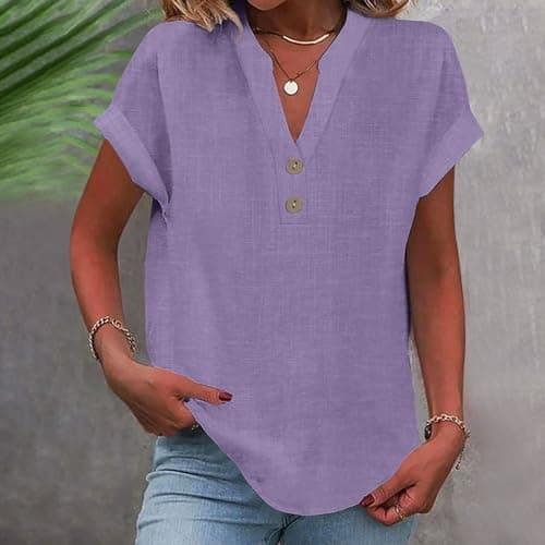 Linen Shirts for Women V Neck Button Up Shirt Short Sleeve Loose Fit Lightweight Blouses Casual Summer Beach T-Shirt Purple
